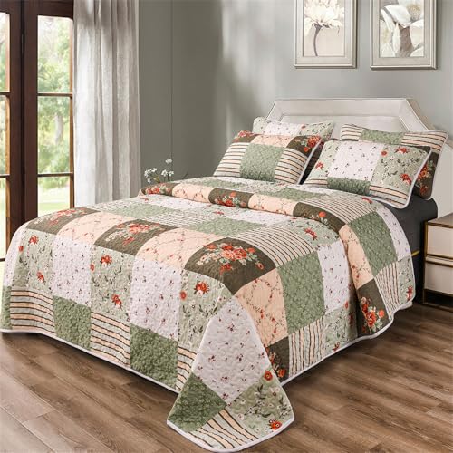 YASMENG 3 Pieces Green Plaid Floral Patchwork Bedding Quilt Set Queen Size Olive Green Peach White Patchwork Quilted Bedspread Set with Red Rose Flower Soft Lightweight Bed Cover All Seasons Coverlet Set - Image 1