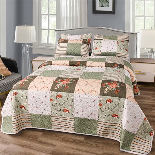 YASMENG 3 Pieces Green Plaid Floral Patchwork Bedding Quilt Set Queen Size Olive Green Peach White Patchwork Quilted Bedspread Set with Red Rose Flower Soft Lightweight Bed Cover All Seasons Coverlet Set - Image 3