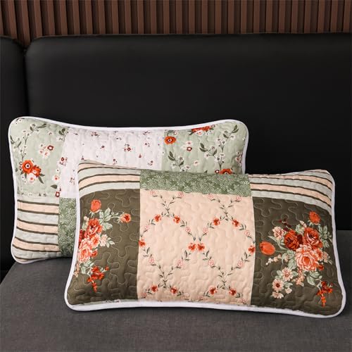 YASMENG 3 Pieces Green Plaid Floral Patchwork Bedding Quilt Set Queen Size Olive Green Peach White Patchwork Quilted Bedspread Set with Red Rose Flower Soft Lightweight Bed Cover All Seasons Coverlet Set - Image 5