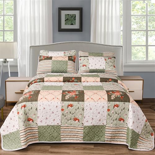 YASMENG 3 Pieces Green Plaid Floral Patchwork Bedding Quilt Set Queen Size Olive Green Peach White Patchwork Quilted Bedspread Set with Red Rose Flower Soft Lightweight Bed Cover All Seasons Coverlet Set - Image 2