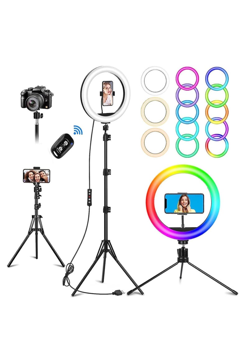 10" Selfie Ring Light with Stand and Phone Holder, Desk Tripod, 37 RGB Lighting Modes, Remote Control, Dimmable Circle Ringlight for iPhone/Android Camera, LED Light for Photo & Video Recording  - Image 1