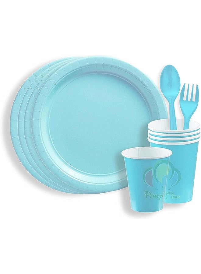 Raxoom TIME - 24 Pieces Party Supplies Tableware Set Includes 6 - 9" Paper Dinner Plates 6 - 9 Oz Cups, 6 - 6" Spoon and 6 - 6" Forks for Plain Color Theme Disposable Birthday Dinnerware (Light Blue) - Image 1