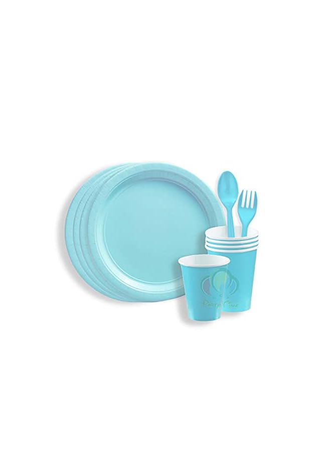 Raxoom TIME - 24 Pieces Party Supplies Tableware Set Includes 6 - 9" Paper Dinner Plates 6 - 9 Oz Cups, 6 - 6" Spoon and 6 - 6" Forks for Plain Color Theme Disposable Birthday Dinnerware (Light Blue) - Image 3