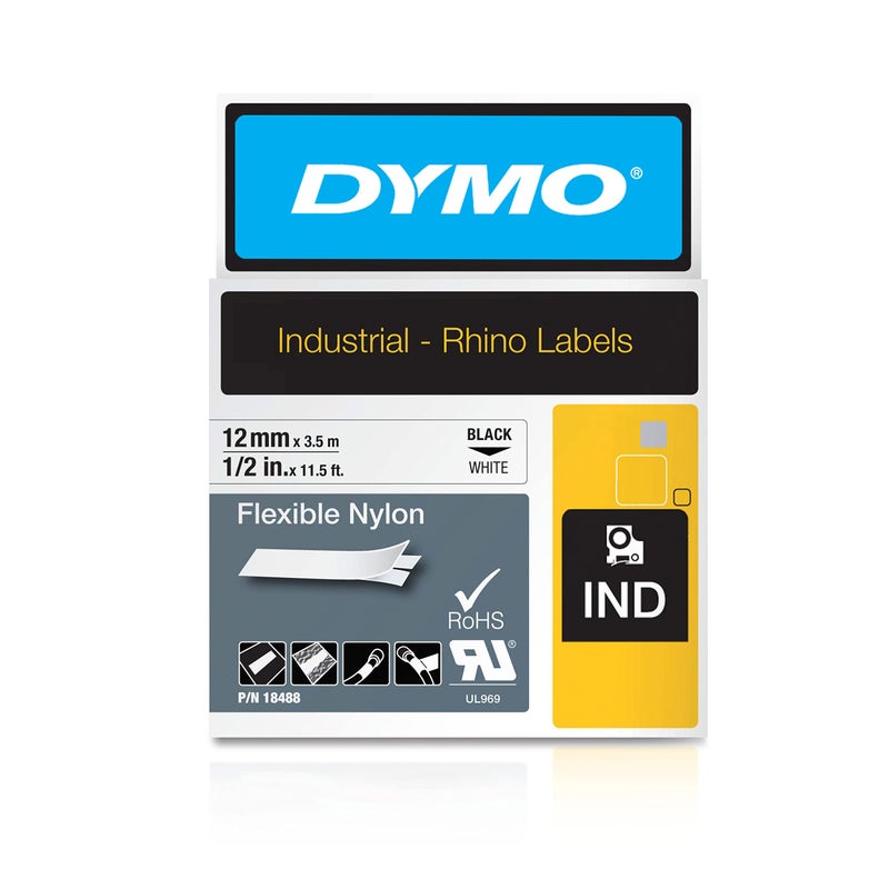 DYMO Rhino Industrial Flexible Nylon Labels 1/2" x 11.5' Black Print on White Tape - Image 1