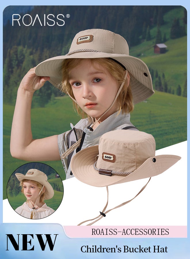 رويس قبعة شمس صيفية للأطفال سريعة الجفاف ذات حافة واسعة، قبعة دلو مقاومة للماء وجيدة التهوية مع حزام للذقن، مناسبة للأولاد والبنات من سن 4 إلى 8 سنوات للمشي لمسافات طويلة في الهواء الطلق، وتسلق الجبال، والتخييم، والحديقة - Image 1