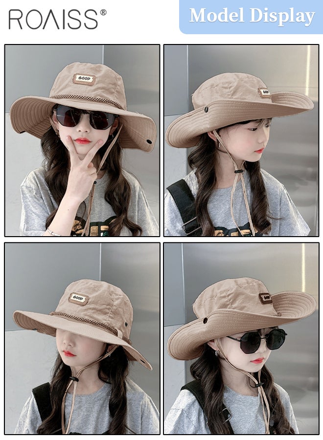 رويس قبعة شمس صيفية للأطفال سريعة الجفاف ذات حافة واسعة، قبعة دلو مقاومة للماء وجيدة التهوية مع حزام للذقن، مناسبة للأولاد والبنات من سن 4 إلى 8 سنوات للمشي لمسافات طويلة في الهواء الطلق، وتسلق الجبال، والتخييم، والحديقة - Image 2