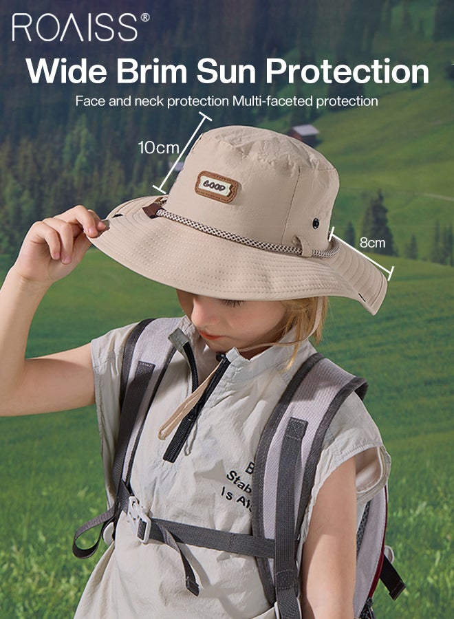 رويس قبعة شمس صيفية للأطفال سريعة الجفاف ذات حافة واسعة، قبعة دلو مقاومة للماء وجيدة التهوية مع حزام للذقن، مناسبة للأولاد والبنات من سن 4 إلى 8 سنوات للمشي لمسافات طويلة في الهواء الطلق، وتسلق الجبال، والتخييم، والحديقة - Image 4