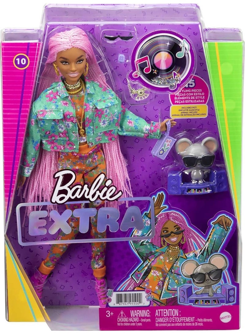Barbie Extra Doll #10 In Floral-Print Jacket & Jogger Set With Dj Mouse Pet, Extra-Long Pink Braids, Layered Outfit & Accessories, Multiple Flexible Joints, Gift For Kids 3 Years Old & Up - Image 1