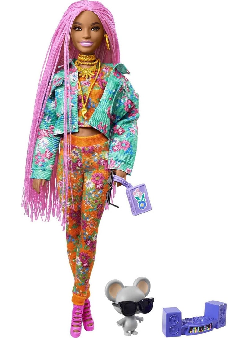 Barbie Extra Doll #10 In Floral-Print Jacket & Jogger Set With Dj Mouse Pet, Extra-Long Pink Braids, Layered Outfit & Accessories, Multiple Flexible Joints, Gift For Kids 3 Years Old & Up - Image 5