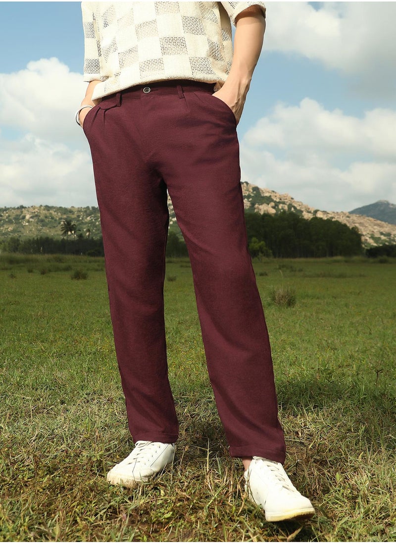 Campus Sutra Men's Burgundy Red Velvique Tailored Trousers  - Image 1