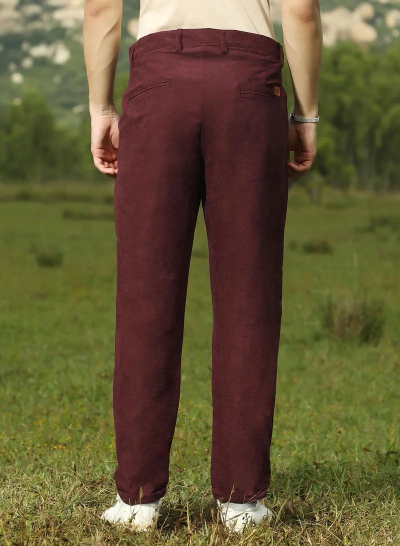 Campus Sutra Men's Burgundy Red Velvique Tailored Trousers