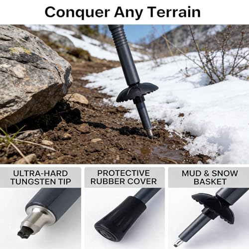 GOUTIME Trekking Pole Tactical Walking Stick, Multifunctional Lightweight Aluminum Collapsible Survival Hiking Pole with Storage Bag for Women Men Seniors Camping Backpacking (6-Section Gray Handle) - Image 3