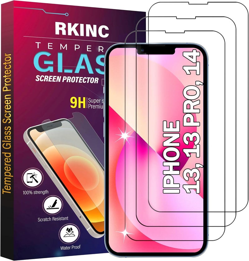 ريكنك واقي شاشة [عبوة من 3 قطع] لـ iPhone 16E / iPhone 13 / iPhone 13 Pro / iPhone 14 مقاس 6.1 بوصة، واقي شاشة من الزجاج المقوى، سماكة 0.33 مم [خالٍ من الفقاعات][مقاوم للخدش][مقاوم للكسر] - Image 1