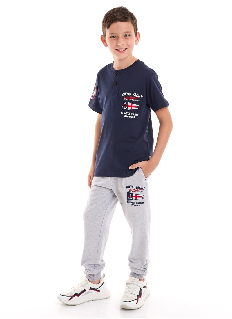 victor and jane Boys' 2-Piece 100% Cotton T-Shirt & Jogger Set - Navy - Grey  - Image 1