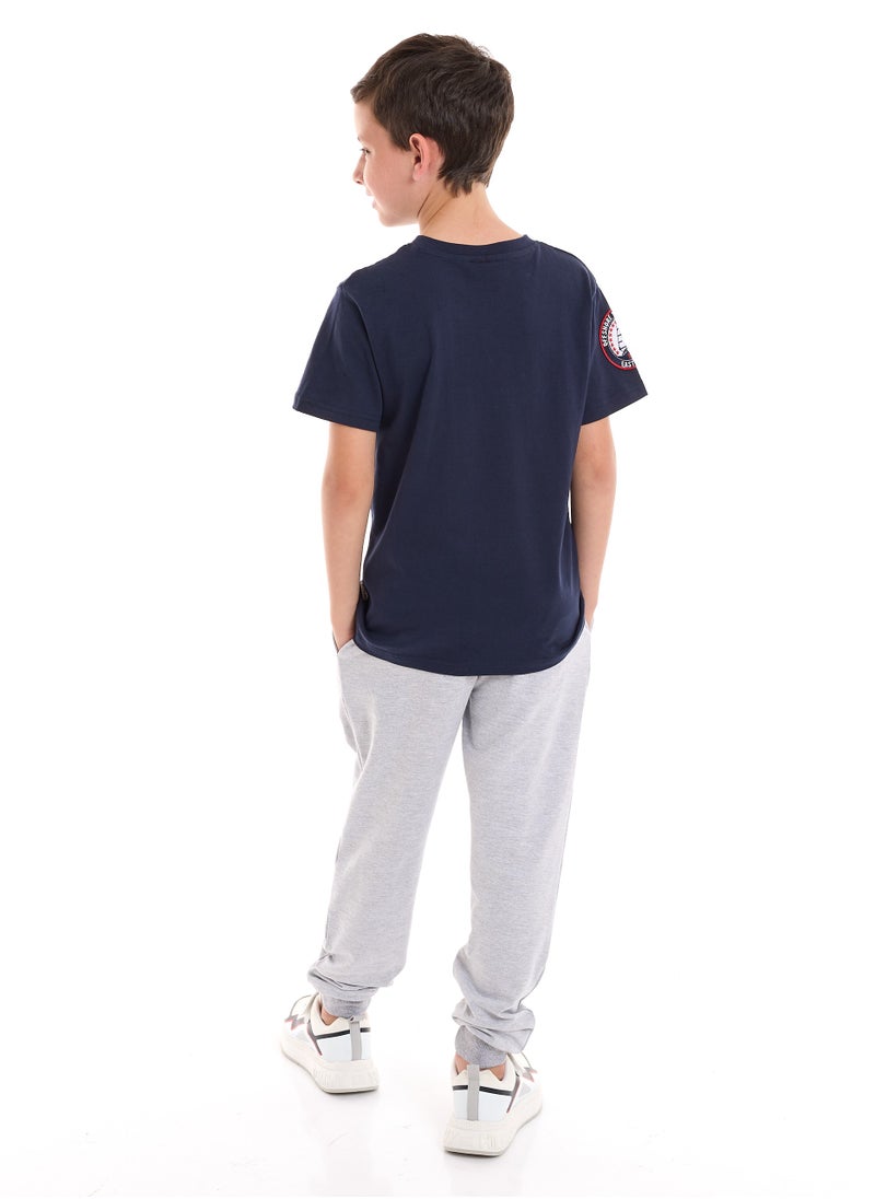 victor and jane Boys' 2-Piece 100% Cotton T-Shirt & Jogger Set - Navy - Grey  - Image 2