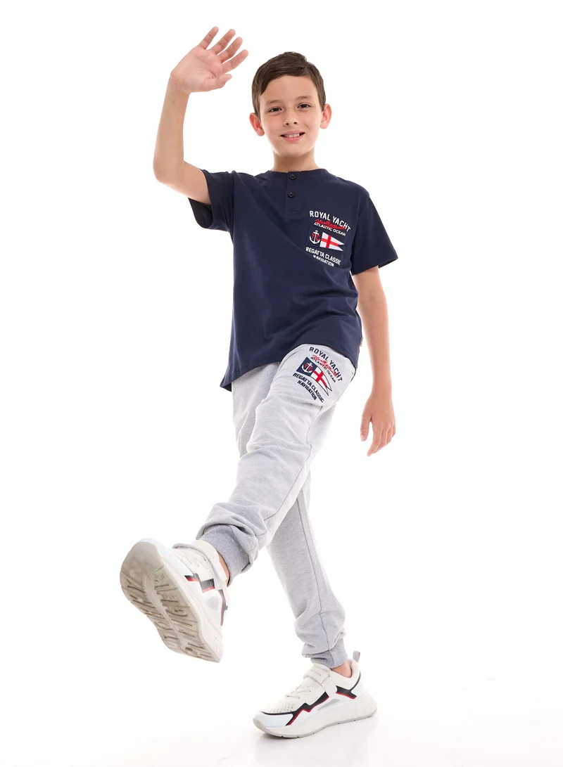 victor and jane Boys' 2-Piece 100% Cotton T-Shirt & Jogger Set - Navy - Grey