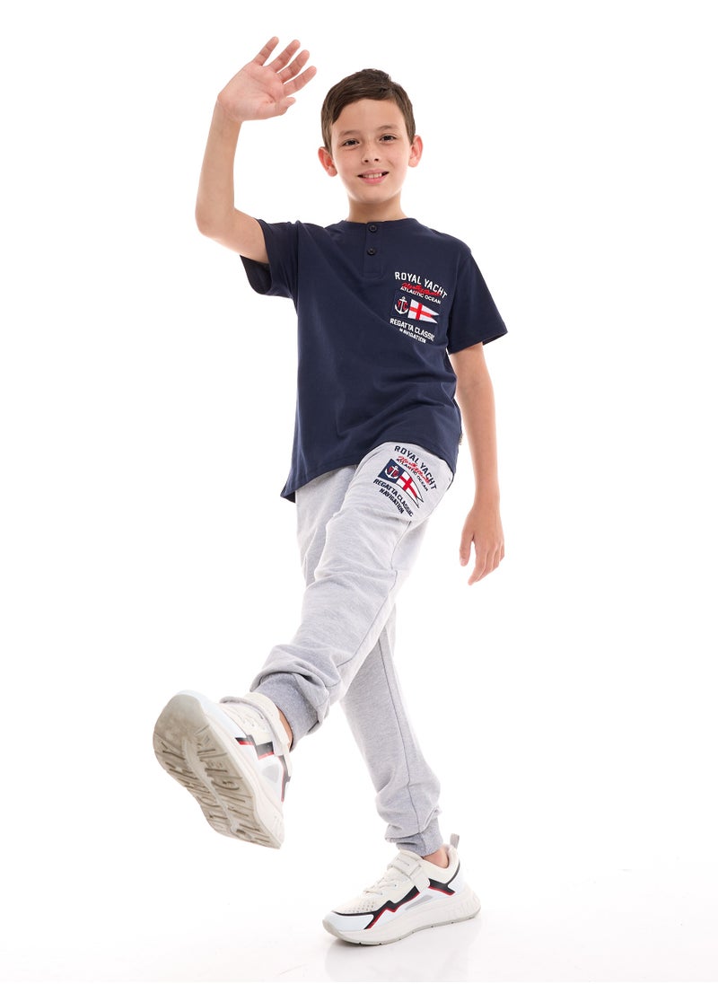victor and jane Boys' 2-Piece 100% Cotton T-Shirt & Jogger Set - Navy - Grey  - Image 5