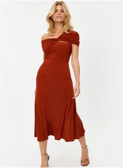 trendyol Tile Asymmetrical Collar Knitted Stylish Evening Dress TPRSS24EL00046  - Image 4