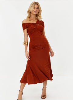 trendyol Tile Asymmetrical Collar Knitted Stylish Evening Dress TPRSS24EL00046  - Image 5