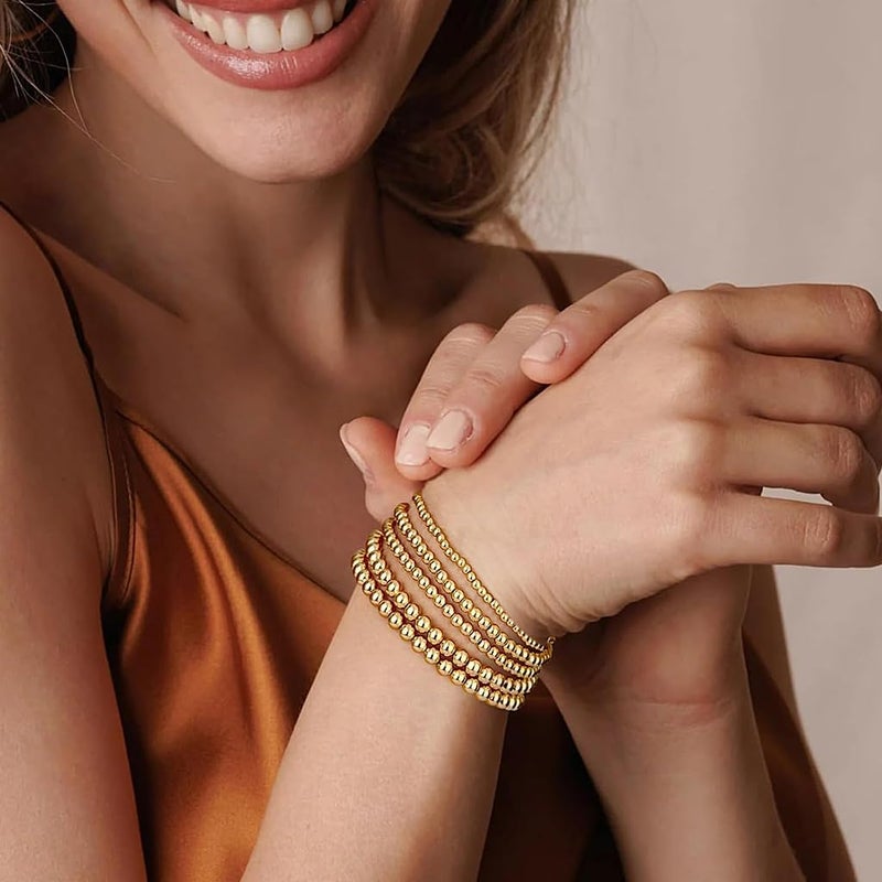 HANNEA® 5pcs Golden Beads Bracelets for Women Fashion Stackable Beaded Bracelets for Women Stylish Minimalism Layered Stretchy Resin Bead Bracelets - Image 4