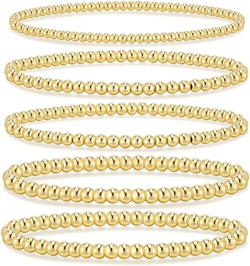HANNEA® 5pcs Golden Beads Bracelets for Women Fashion Stackable Beaded Bracelets for Women Stylish Minimalism Layered Stretchy Resin Bead Bracelets - Image 1