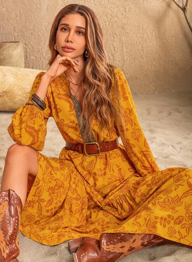 Take Two Take Two Floral Print Cuffed Sleeve A-Line Maxi Dress