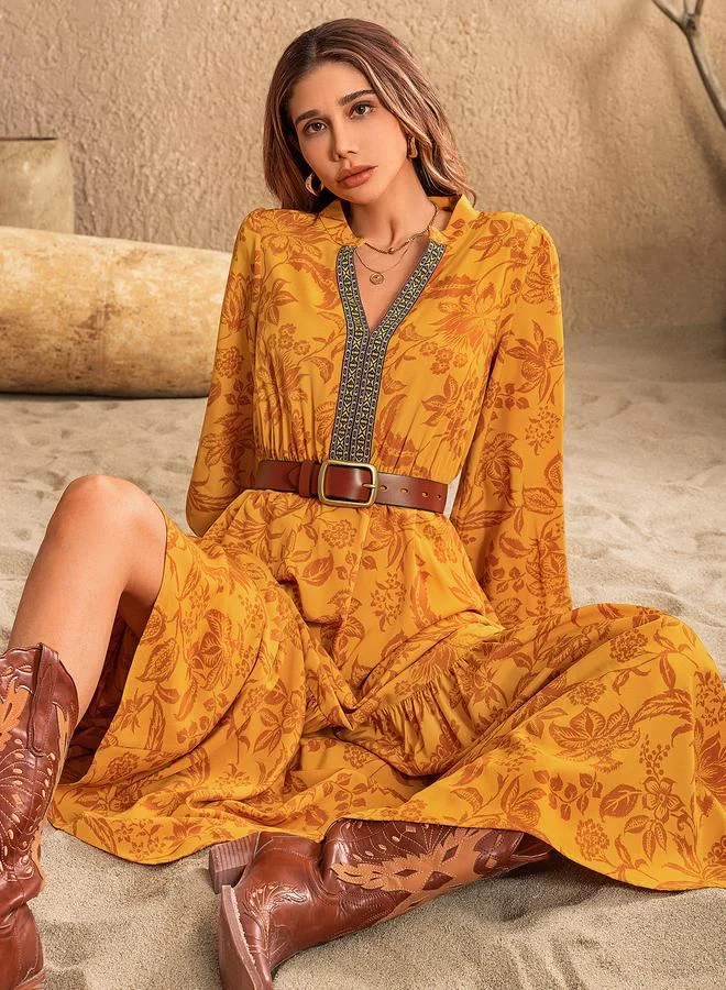 Take Two Take Two Floral Print Cuffed Sleeve A-Line Maxi Dress