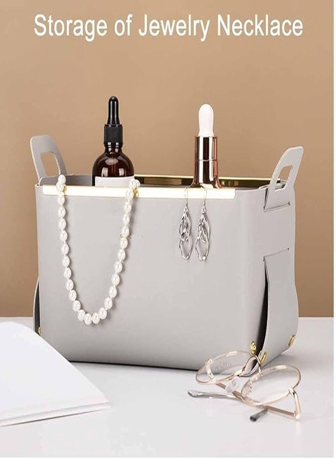 MIXEN Multipurpose Storage Organizer, Foldable Leather Basket, Soft Table Organizer, Porch Organizer, Desktop Storage Box，Foldable Leather Box, Make up Organizer (GREY) - Image 2
