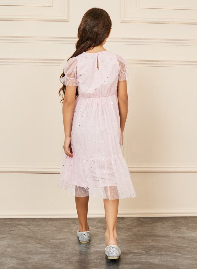 Styli Foil Print Mesh Layer Tiered Midi Dress - Image 4