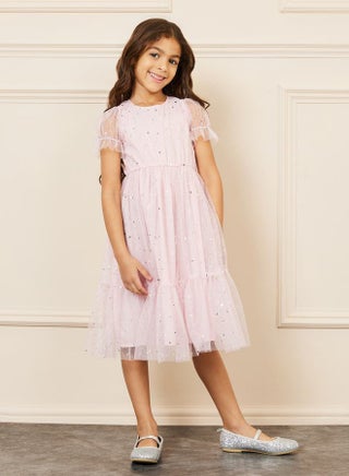 Foil Print Mesh Layer Tiered Midi Dress