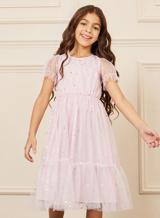Styli Foil Print Mesh Layer Tiered Midi Dress - Image 2