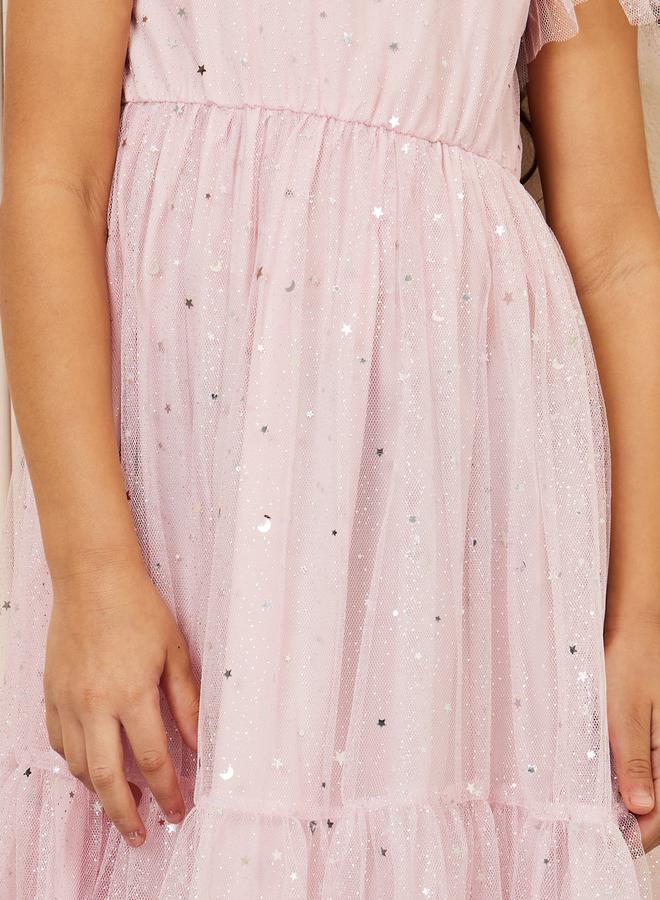 Styli Foil Print Mesh Layer Tiered Midi Dress - Image 3