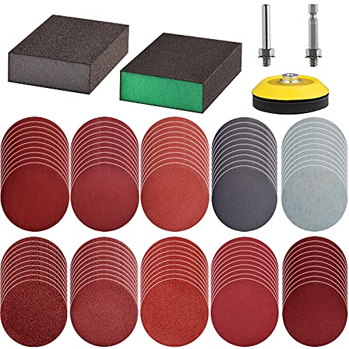 Tshya 100pcs 3inch Sanding Discs Pad with 2Pcs Sanding Sponge Buffing Blocks Variety Kit for Drill Grinder Rotary Tools Attachment with 1/4" Shanks, Sanding Pads Includes 80-3000 Grit - Image 1