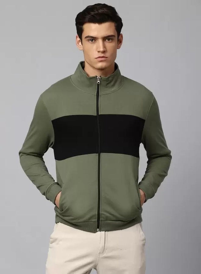 Dennis Lingo Men's Light Olive Polyester Blend Colourblocked Regular Fit Sweatshirt  - Image 1
