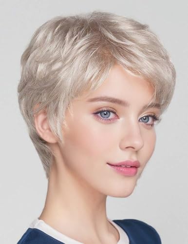 Swiking باروكة قصيرة بلون أشقر مزيج رمادي للنساء البيض باروكة نسائية شعر صناعي فائق المقاومة للحرارة للحفلات اليومية وهالوين، باروكة كاملة - Image 1