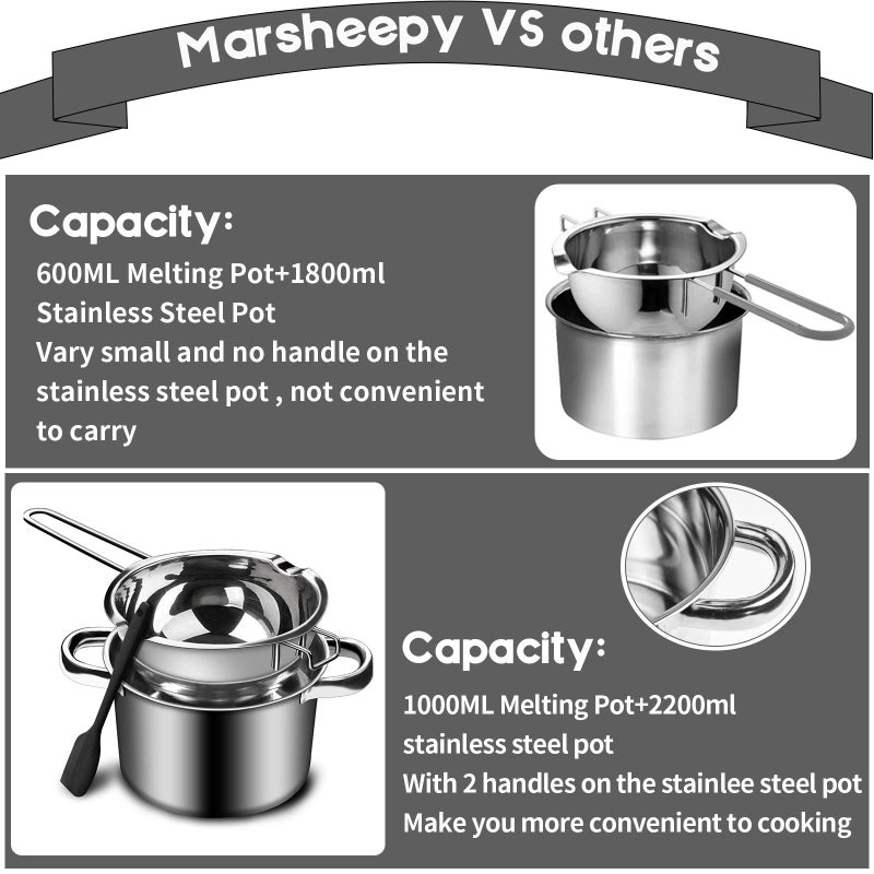 Marsheepy 1000ML/1QT Double Boiler Chocolate Melting Pot with 2QT 304 Stainless Steel Pot, Chocolate Melting Pot with Silicone Spatula for Melting Chocolate, Candy, Candle, Soap, Wax - Image 5