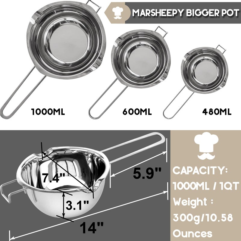 Marsheepy 1000ML/1QT Double Boiler Chocolate Melting Pot with 2QT 304 Stainless Steel Pot, Chocolate Melting Pot with Silicone Spatula for Melting Chocolate, Candy, Candle, Soap, Wax - Image 3