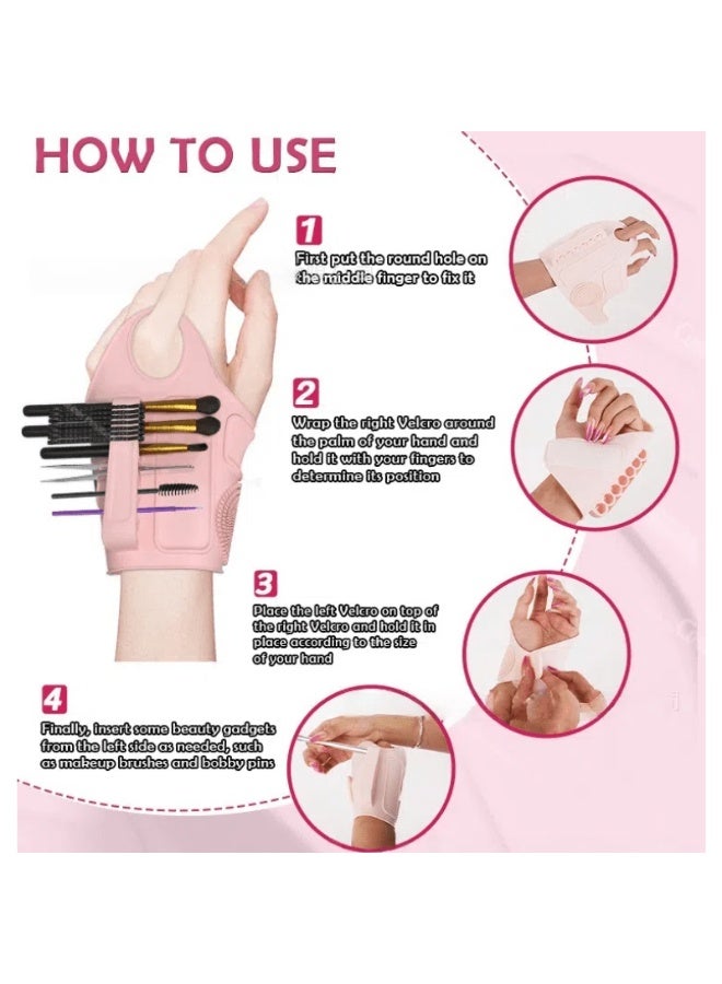 طقم مكياج احترافي لفنانات الماكياج - يشمل قفازات، وأقراص تجميل، ولوحة ألوان محمولة - مجموعة أدوات تجميل من السيليكون باللون الوردي - مثالية للاستخدام في الصالون والمنزل - Image 4
