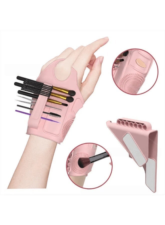 طقم مكياج احترافي لفنانات الماكياج - يشمل قفازات، وأقراص تجميل، ولوحة ألوان محمولة - مجموعة أدوات تجميل من السيليكون باللون الوردي - مثالية للاستخدام في الصالون والمنزل - Image 1