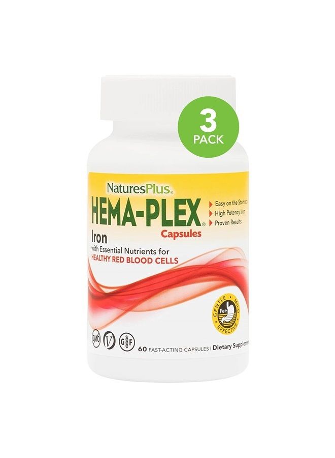 Nature's Plus NaturesPlus Hema-Plex Iron - 60 Fast-Acting Capsules, Pack of 3-85 mg Elemental Iron + Vitamin C & Bioflavonoids for Healthy Red Blood Cells - Vegan, Gluten Free - 90 Total Servings - Image 1