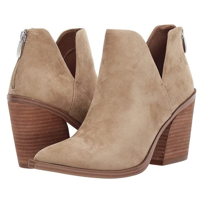 FISACE Womens Pointed Toe Stacked Mid Heel Ankle Boots V Cut Back Zipper Faux Leather Booties - Image 5
