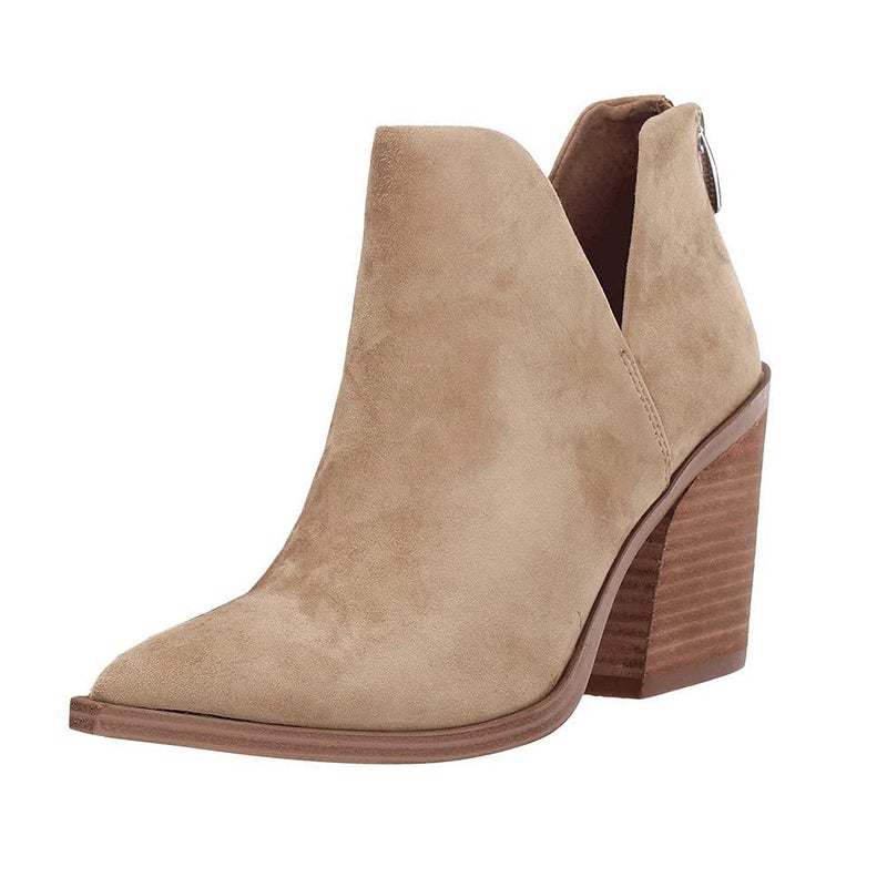 FISACE Womens Pointed Toe Stacked Mid Heel Ankle Boots V Cut Back Zipper Faux Leather Booties - Image 1