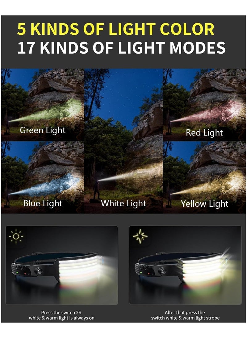 Smiling Shark Rechargeable Headlamp, 230°Wide Angle 5*Colors Light The Brightest LED Head Lamp with Motion Sensor Waterproof Headlight for Outdoor - Image 3