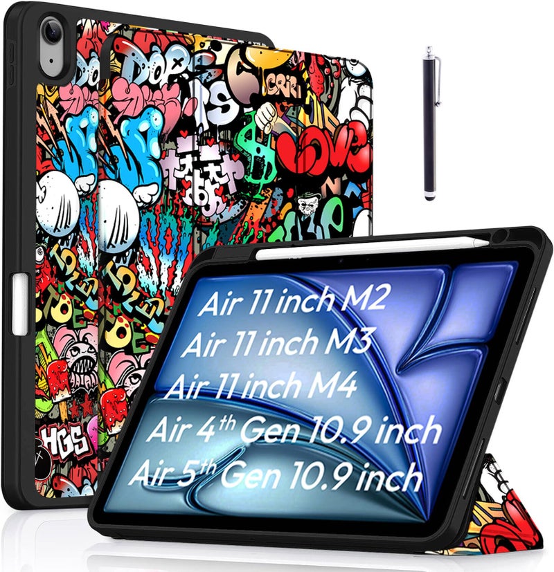 Robustrion Case Cover for iPad Air 11 inch M4/M3/M2 (2024/2025/2026)/iPad Air 4th 5th Generation Cover 10.9" with [Pencil Holder Right Side][Flexible Back][Auto Sleep Wake] and Stylus Pen - Hippy - Image 1