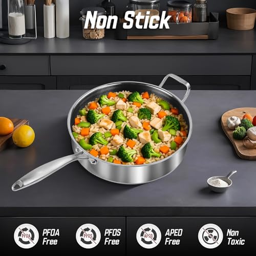 Toutrop Frying Pans Nonstick wih Lid Non Stick TriPly Stainless Steel Saute Pan 8 Quarts Large Saut Pan 135 Inch Induction Cooking Pan Dishwasher and Oven Safe PFOA Free - Image 3