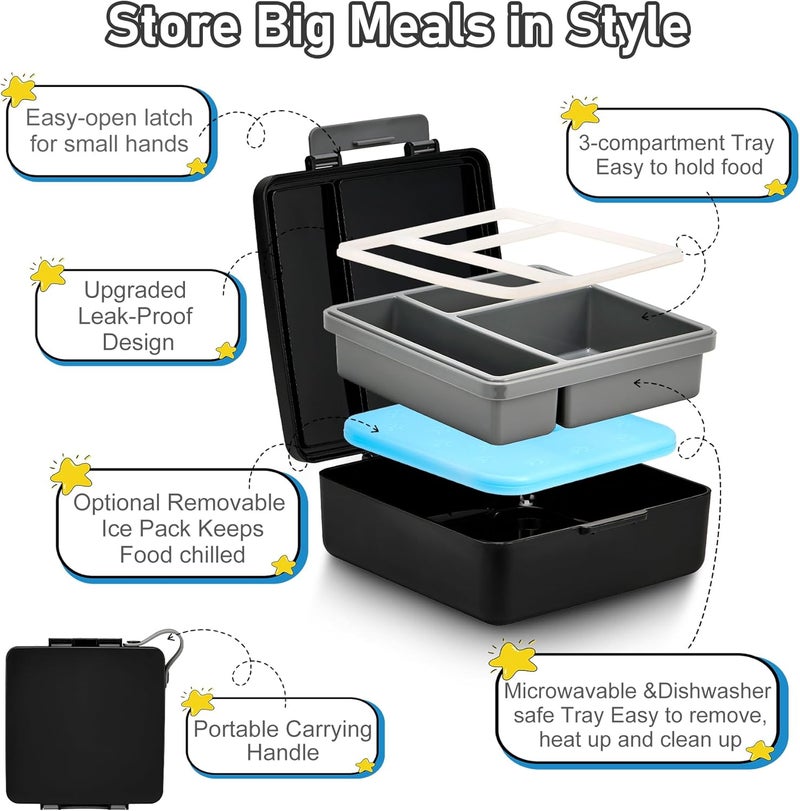 Howeemo Bento Lunch Box for Kids with 17oz Soup Thermo,Insulated Tumbler Water Bottle and Insulated Lunch Bag,Leak-Proof 3 Compartment Lunch Food Container with with Ice Pack for Kids to School-Black - Image 4