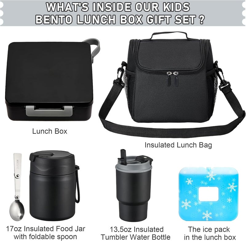 Howeemo Bento Lunch Box for Kids with 17oz Soup Thermo,Insulated Tumbler Water Bottle and Insulated Lunch Bag,Leak-Proof 3 Compartment Lunch Food Container with with Ice Pack for Kids to School-Black - Image 2