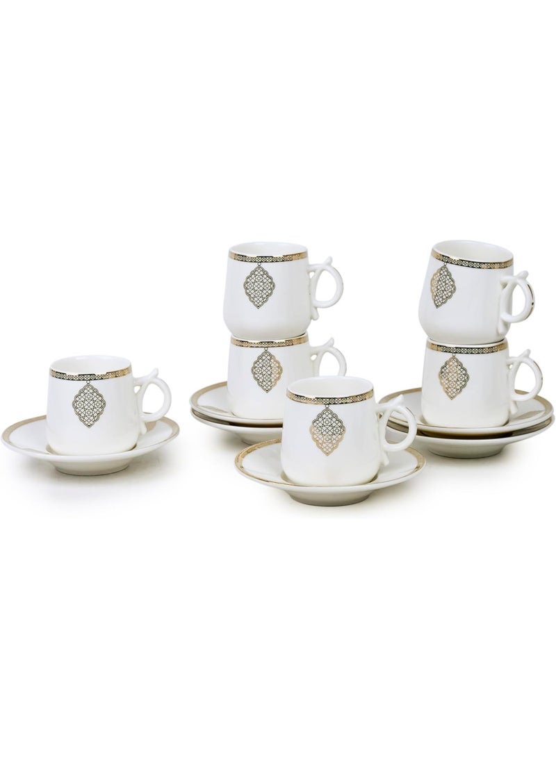 Shallow Porcelain Zain Coffee Cup & Saucer Set, 90ml (6 Cups, 6 Saucer, White) - Image 1