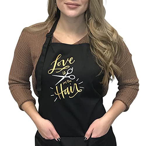 Plum Hill Love is in The Hair Stylist Apron for Hairdressers, Salons, Cosmetology, Black - Image 1
