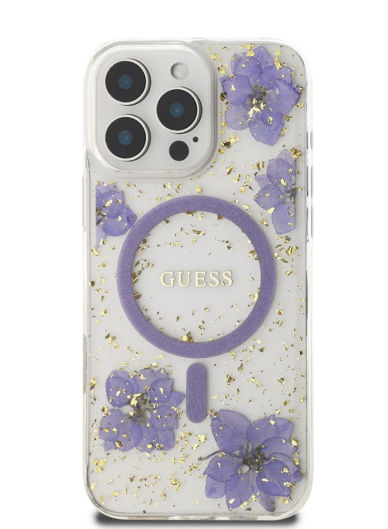 GUESS iPhone 16 Pro Max Magsafe Case Hard Cover with Resin Flowers Design / Drop protection / Comfortable Grip- Purple - Image 1